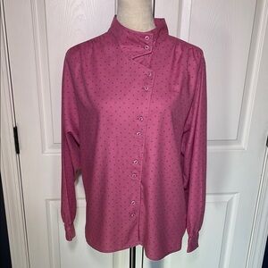 Vintage Slendor Germany Pink Long Sleeve Button Down Blouse Purple Polka Squares